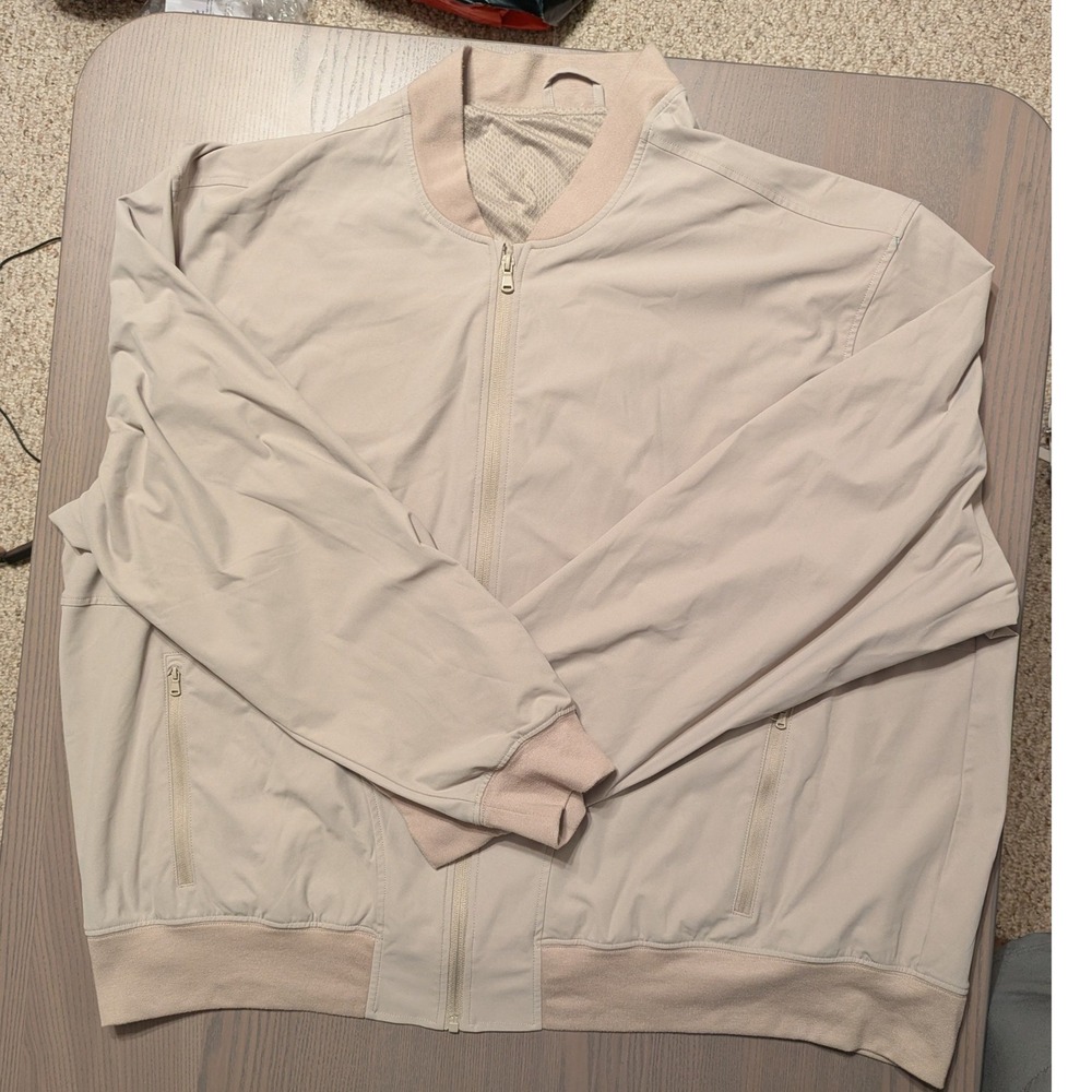 Fabletics Mens 3XL Tan Beige Full Zip Mesh Lined Bomber Jacket Activewear